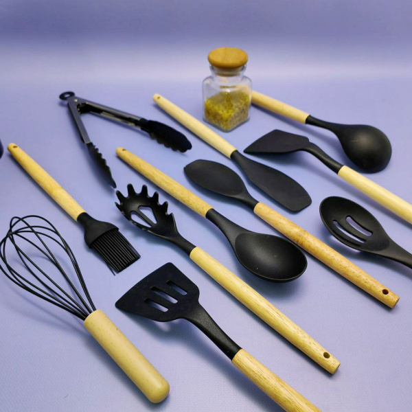 Набор кухонных принадлежностей с подставкой и деревянной ручкой 12 предметов Utensils Set / Подарочный силиконовый набор, Черный цвет